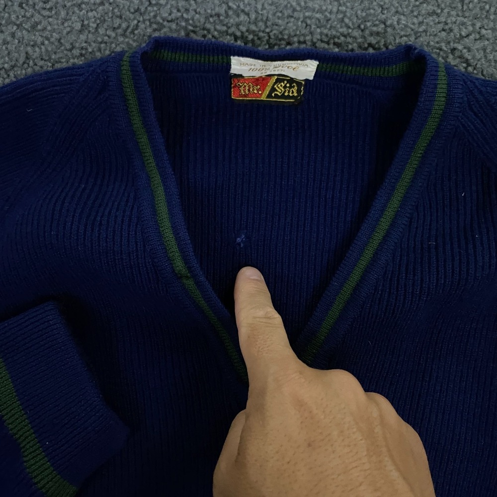 True Vintage 50s 60s Mr. Sid Sweater FITS Men Small Ribbed Knit Wool V-Neck Blue - Picture 6 of 16